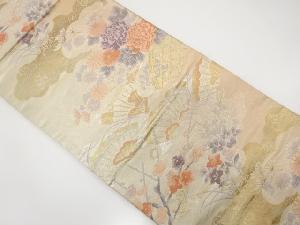 雲取りに菊・牡丹・檜扇模様織り出し袋帯